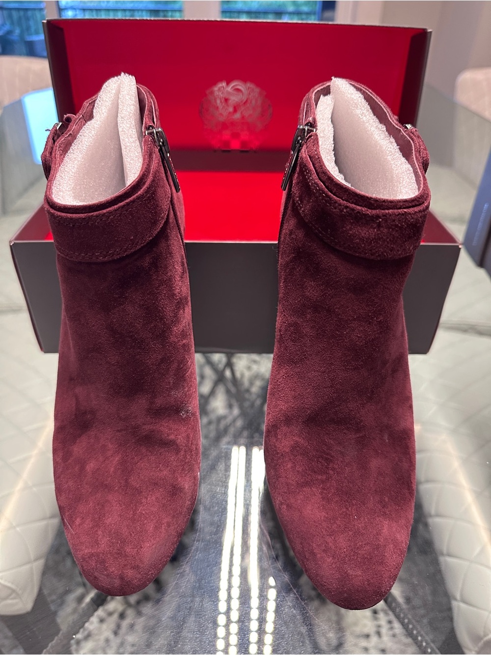 Vince Camuto Burgundy/wine Cabernet style VC Chrissa Suede Ankle Booties